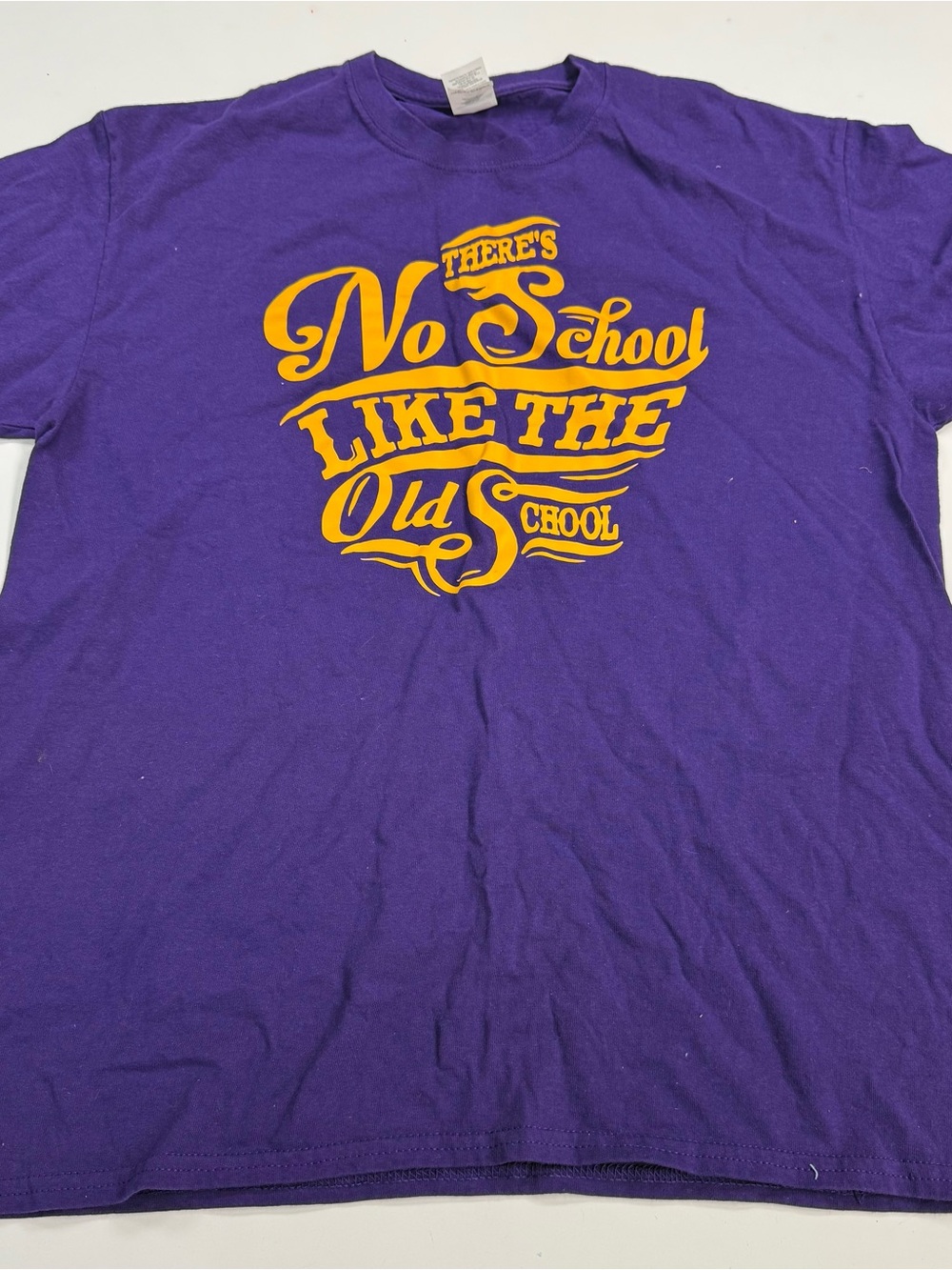 Gildan Purple Short Sleeve Tee with Yellow Retro School Graphic